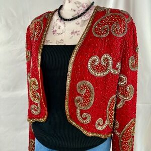 Vintage Red Beaded Silk Jacket 80s 90s Size 14 Gold Holiday Formal Ebony Spiegel